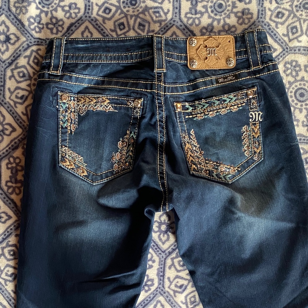 Miss Me Dark Blue Embroidered Pocket Boot Cut Jeans